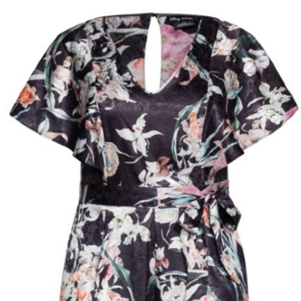 City Chic Midnight Floral Short Sleeve Cropped Jumpsuit Black L 20 NWT - Picture 10 of 12
